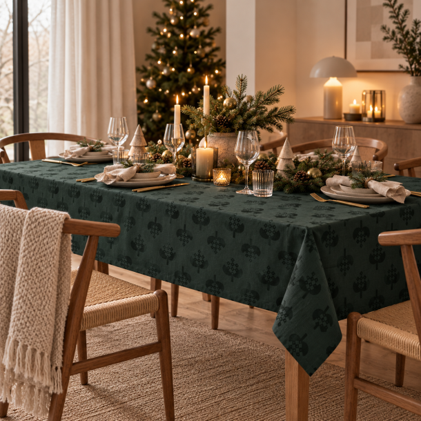 Juledug med julehjerter � 140 x 240 cm � R�d/Gr�n