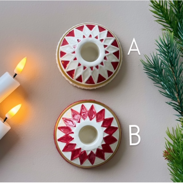 Lysestage m/harlekin rd/hvid Keramik