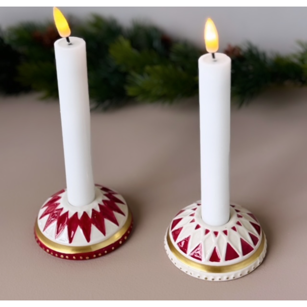 Lysestage m/harlekin rd/hvid Keramik