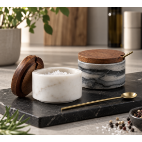 Opbevaringskrukke med ske, marmor, s�t af 2 marmor sk�le + salt , tr� & messing