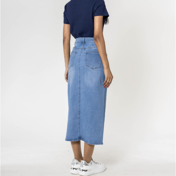 Denim nederdel lang med slids lys bl denim str 34-44