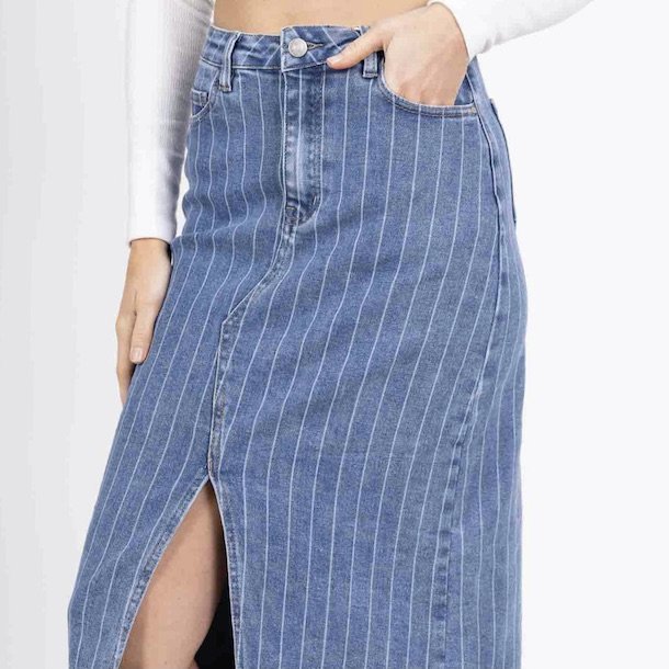 Denim nederdel striped bomuld str. XS-XL
