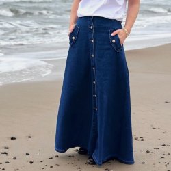 Lang denim nederdel button str 34-42