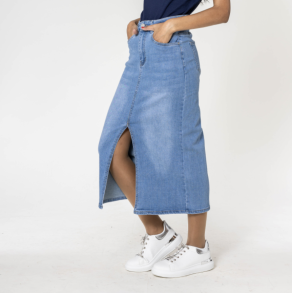 Denim nederdel lang med slids lys bl denim str 34-44