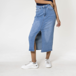 Denim nederdel lang med slids lys bl denim str 34-44