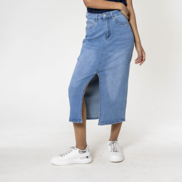 Denim nederdel lang med slids lys bl denim str 34-44