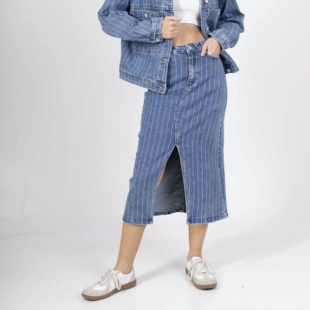 Denim nederdel striped bomuld str. XS-XL