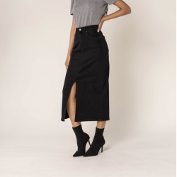 Denim nederdel lang med slids sort denim str 34-44