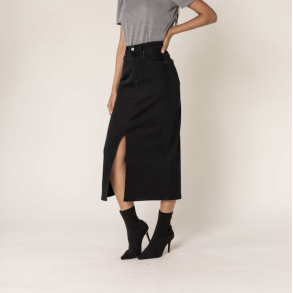 Denim nederdel lang med slids sort denim str 34-44