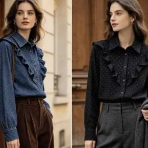 Skjorte denim, med fl�se og prikker, Kamma - str. m-xl