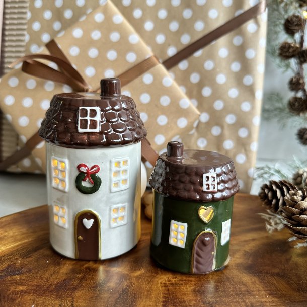 Hus til fyrfadslys grn H 7 cm Keramik