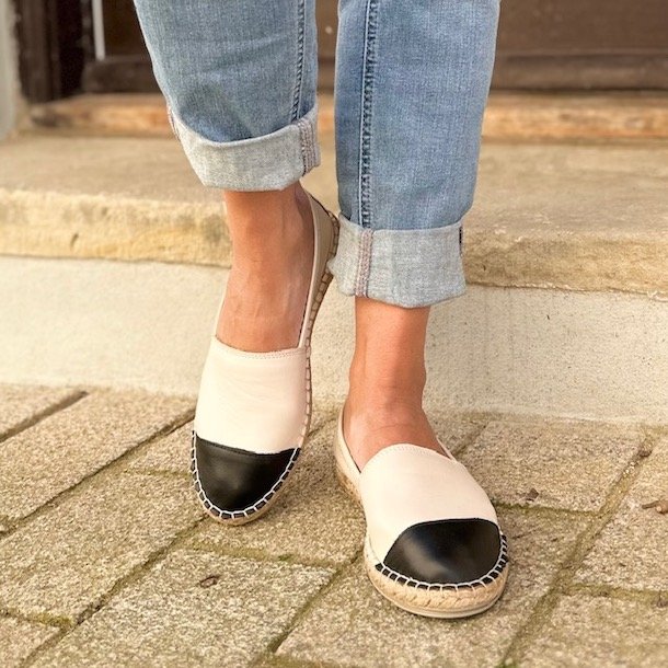 Espadrillos soft med bast skind elfenben/sort str. 36-42