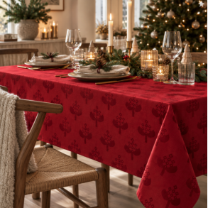 Juledug med julehjerter � 140 x 240 cm � R�d/Gr�n