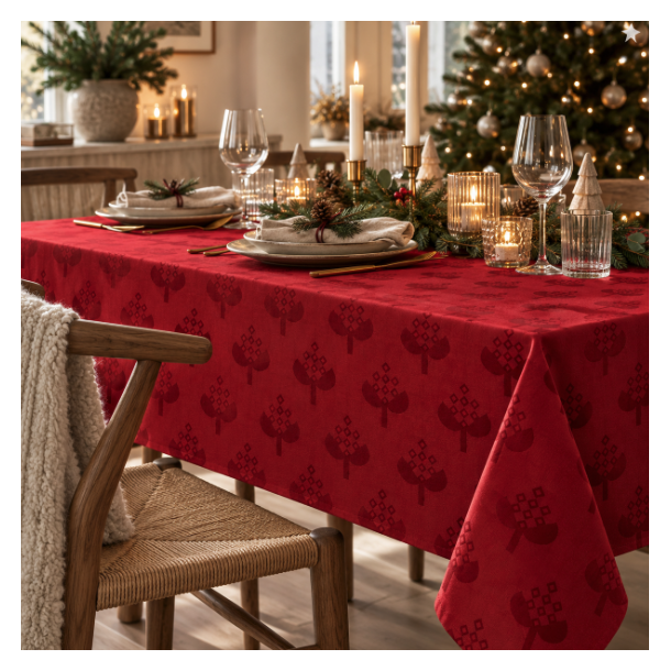 Juledug med julehjerter � 140 x 240 cm � R�d/Gr�n