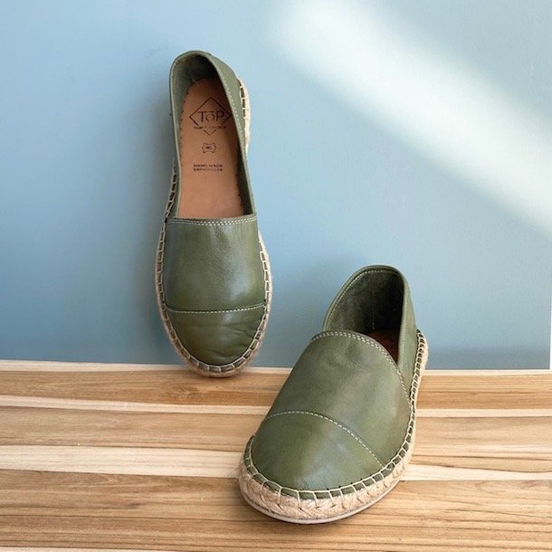  Espadrillos soft med bast skind oliven str. 36-42