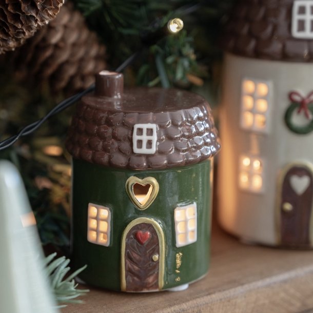 Hus til fyrfadslys grn H 7 cm Keramik