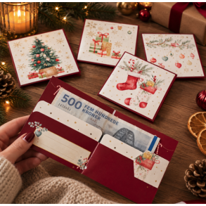Julekort til pengegave � 4 smukke julemotiver med gulddetaljer