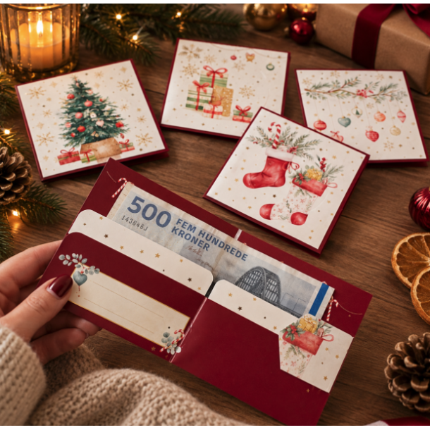 Julekort til pengegave � 4 smukke julemotiver med gulddetaljer