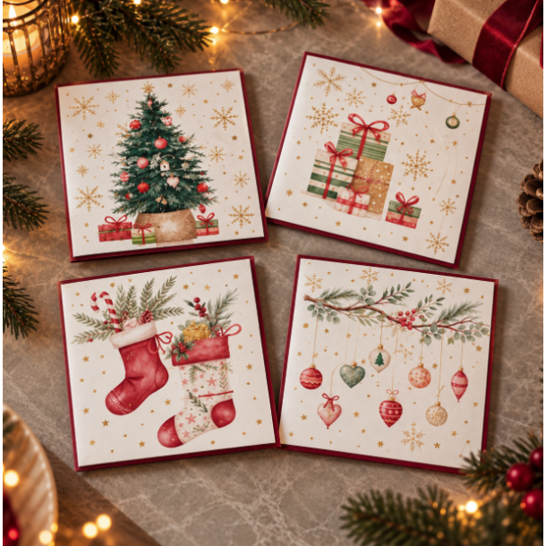 Julekort til pengegave � 4 smukke julemotiver med gulddetaljer