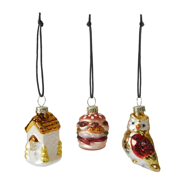Julekugle kirke/burger/fugl 3ass h6cm glas