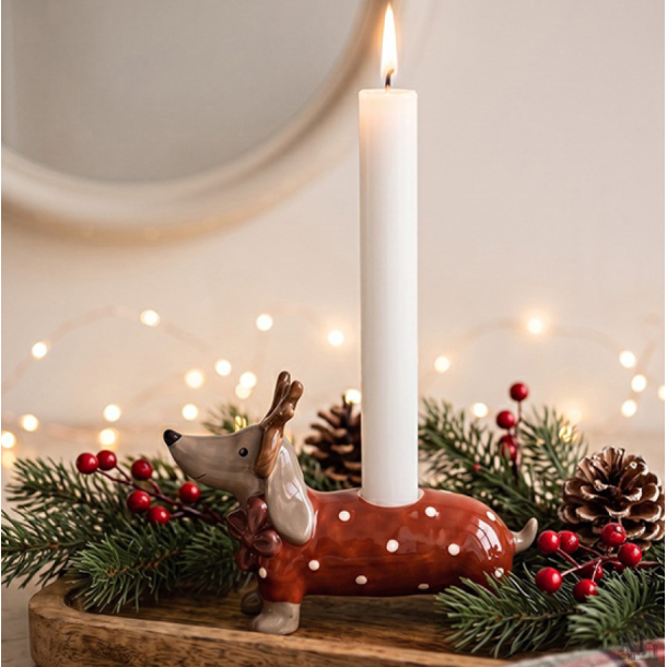 Christmas holidays lysestage med gravhund � gr�n, 13 cm