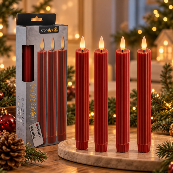 Kronelys r�d riflede - 4 stk. 3D flamme og fjernbetjening 