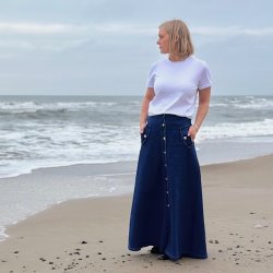 Lang denim nederdel button str 34-42