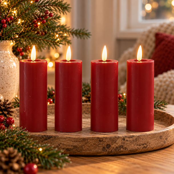 R�de LED bloklys med 3D-flamme � 4 stk. med fjernbetjening