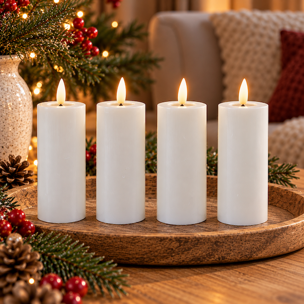 Hvide LED bloklys med 3D-flamme � 4 stk. med fjernbetjening