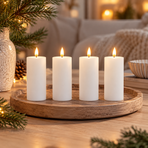 Hvide LED bloklys med 3D-flamme � 4 stk. med fjernbetjening