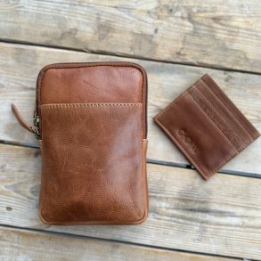 Mobiltaske + kortholder skind raw cognac