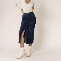 Denim nederdel lang med slids sort denim str 34-44