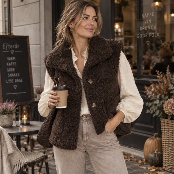 Vendbar vest teddy brun str S-L