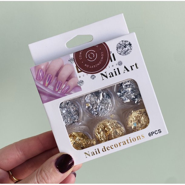 Nail Deko Flakes slv og guld - pakke med 6
