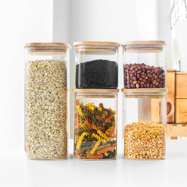 Opbevarings glas med tr� l�g - 5 stk