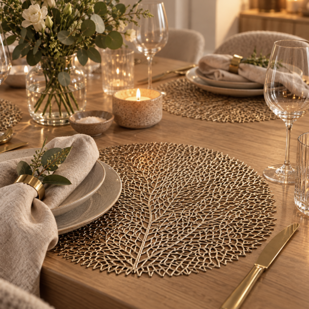 Rund d�kkeserviet D 38 cm - Guld blad