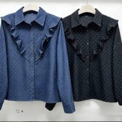 Skjorte denim, med fl�se og prikker, Kamma - str. m-xl