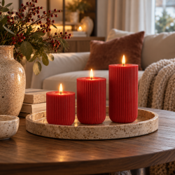 Riflede LED bloklys i r�d � 3 stk. med fjernbetjening