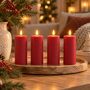 R�de LED bloklys med 3D-flamme � 4 stk. med fjernbetjening