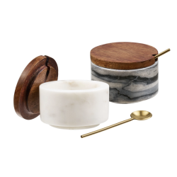 Opbevaringskrukke med ske, marmor, s�t af 2 marmor, tr� &amp; messing