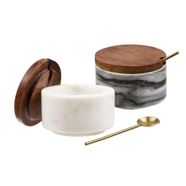 Opbevaringskrukke med ske, marmor, s�t af 2 marmor, tr� &amp; messing
