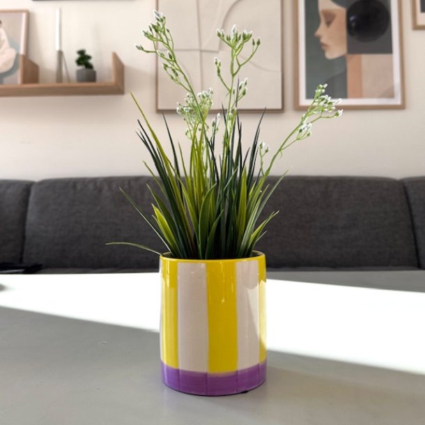 Urtepotte m/striber violet/gul glas