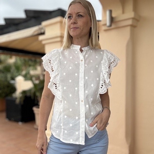 Skjorte med rmer og prikker str. S-XL bomuld