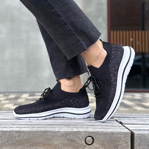 Sneakers I stof snrebnd sort/slv str. 36-41