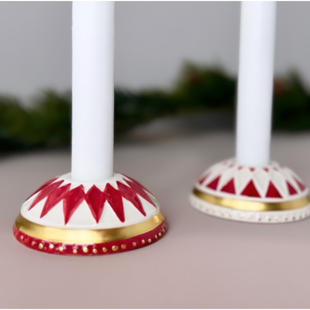 Lysestage m/harlekin rd/hvid Keramik