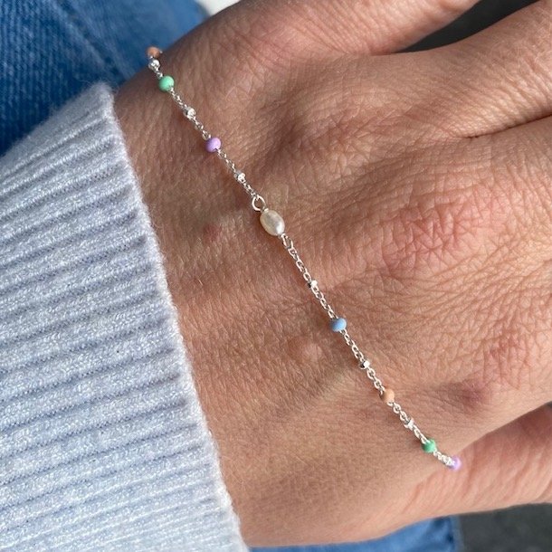 Armbnd COW color dot &amp; pearl sterling slv