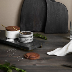 Opbevaringskrukke med ske, marmor, s�t af 2 marmor, tr� &amp; messing