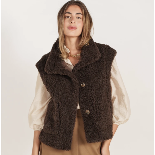 Vendbar vest teddy brun str S-L