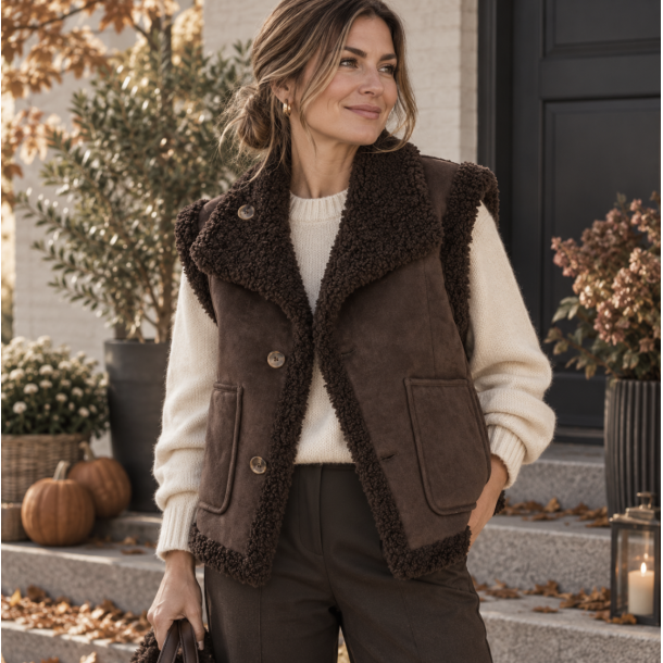 Vendbar vest teddy brun str S-L