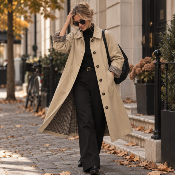 Trenchcoat vendbar beige/tern str S-XL